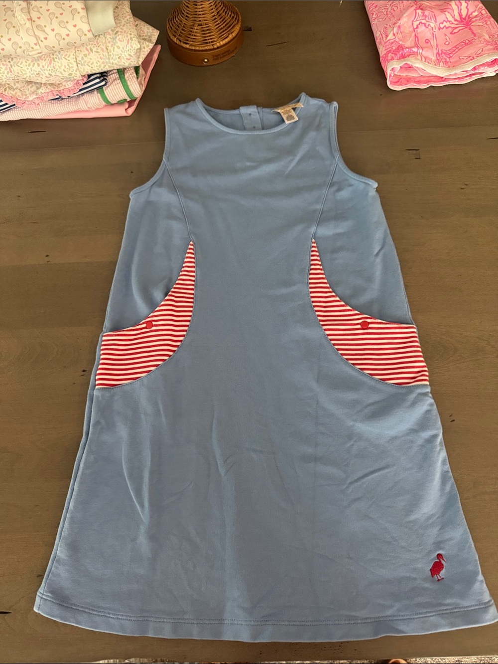 Girls' Light Blue Sleeveless Dress with Red Stripe Pockets